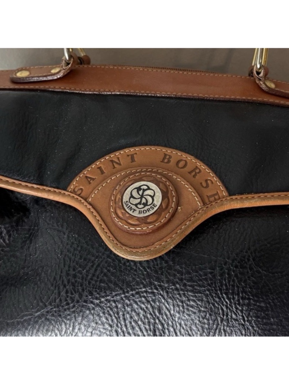 Saint Borse Vintage Satchel Purse Bag Pebbled Faux Leather Black Brown Lined - Picture 3 of 10
